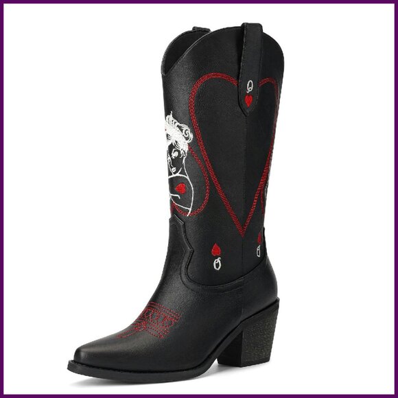 Mid Calf Cowboy Boots with Queen of Hearts Embroidery Pointed Toe